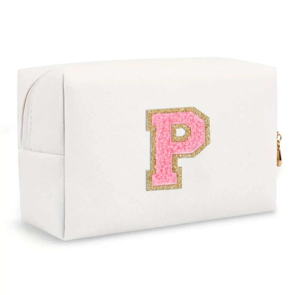 trousse de maquillage preppy pour femmes, trousse de toilette de voyage, sac à cosmétiques avec lettres en chenille, pochette étanche en cuir pu, joli organisateur à fermeture éclair-ll