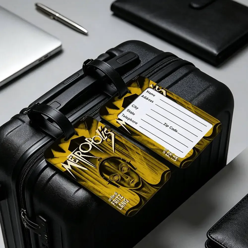 étiquette de bagage en pvc légère anti-perte, style rétro années 80, inspirée du film metropolis (allemagne), avec pochette amovible pour carte d'information, pour sac à dos