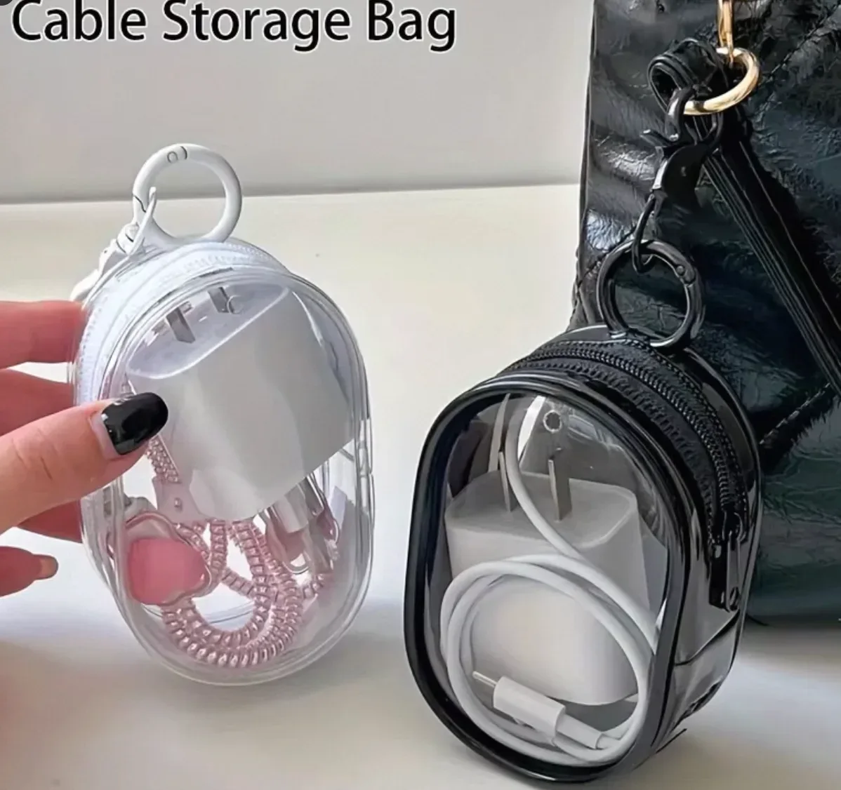 Sac de rangement portable mini transparent avec fermeture éclair - Organisateur peu encombrant pour écouteurs et chargeurs, polyvalent avec boucle porte-clés pratique
