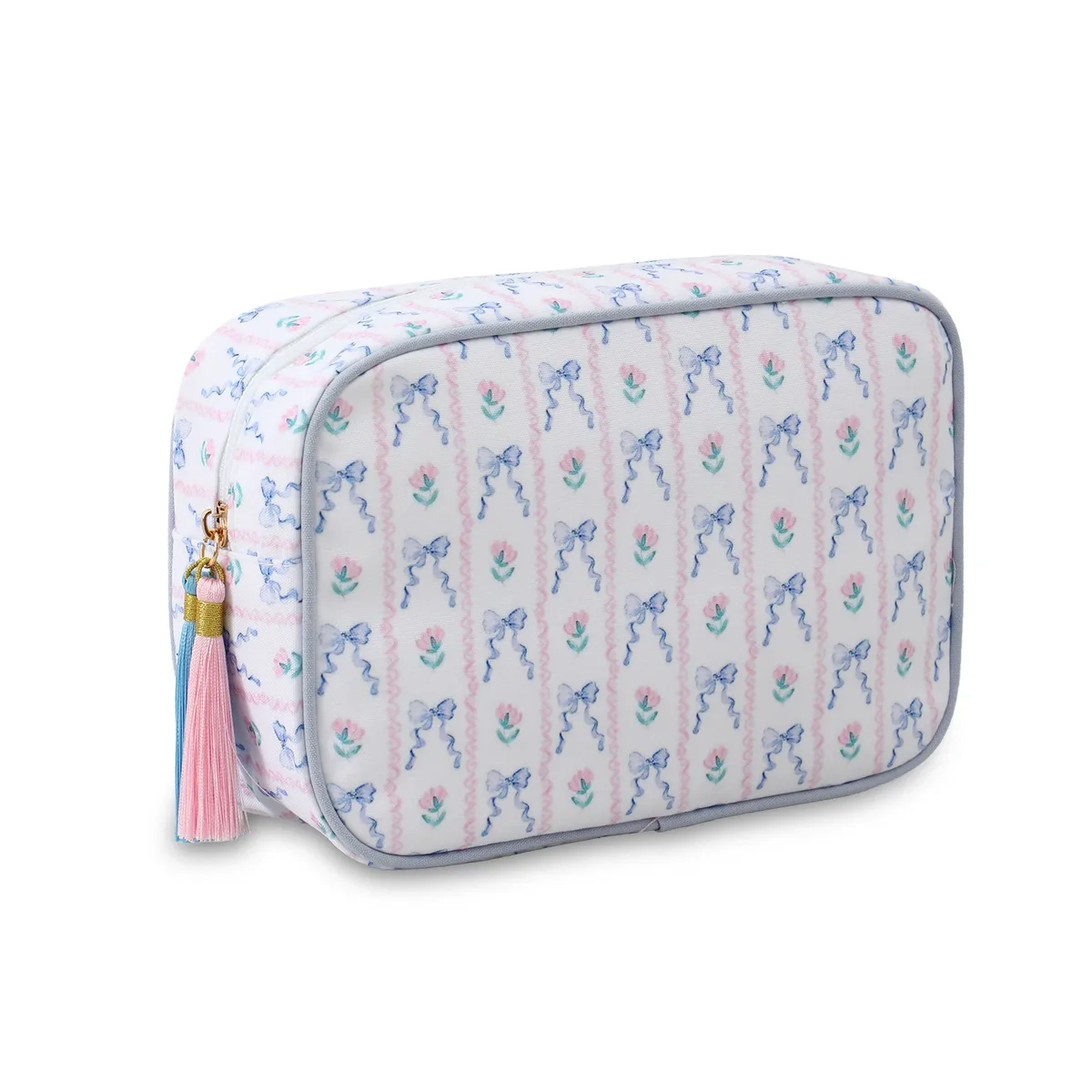 grand sac à cosmétiques portable rayé pour femmes, sac de maquillage à pompon avec fermeture éclair, pochette de rangement de grande capacité