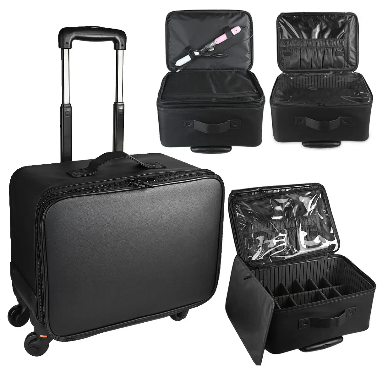 valise de chariot de maquillage de grande capacité, sacoche multifonctionnelle en pu oxford, boîte à outils roulante pour beauté nail art tatouage mode