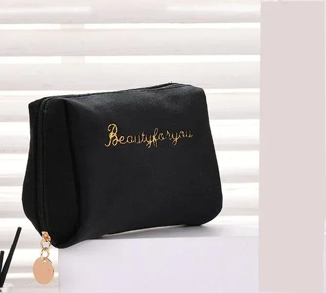 trousse de maquillage en velours avec fermeture éclair pour femme, trousses de toilette, broderie de lettres, poudres cosmétiques, monochromatique, femme