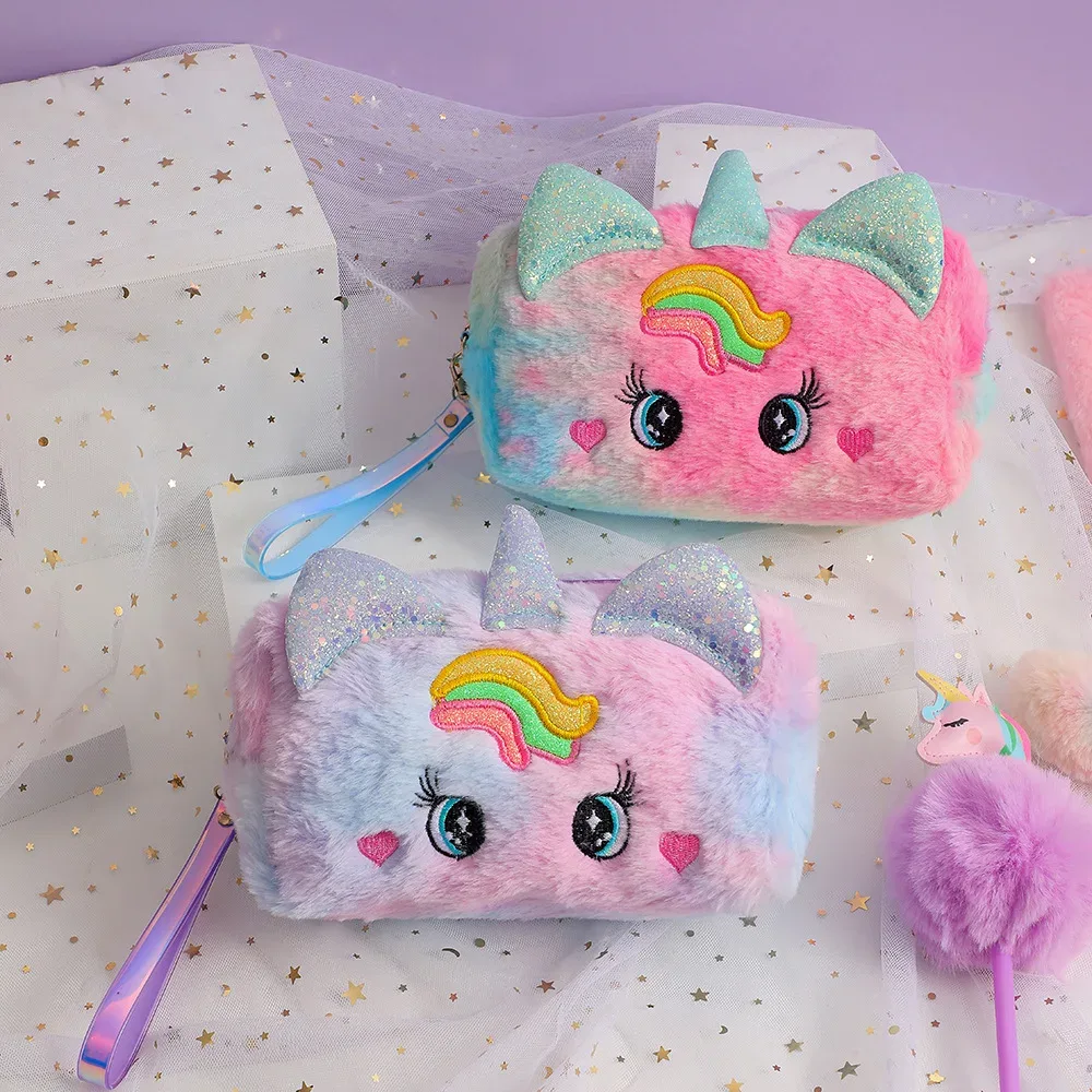 dessin animé licorne grands yeux en peluche trousse de maquillage fille mignon transporter voyage trousse de toilette étudiant papeterie stylo sac pour l'organisation de voyage