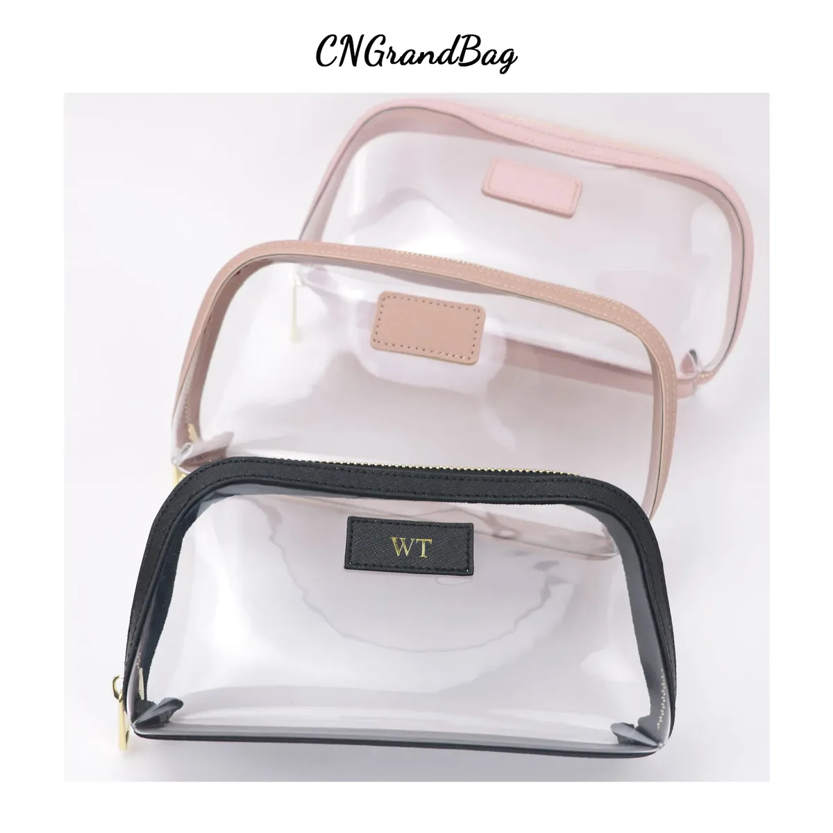 ensemble de sacs à cosmétiques de voyage en cuir véritable personnalisé, sac de rangement étanche pour pinceaux de maquillage, sac à cosmétiques portable transparent en pvc tpu
