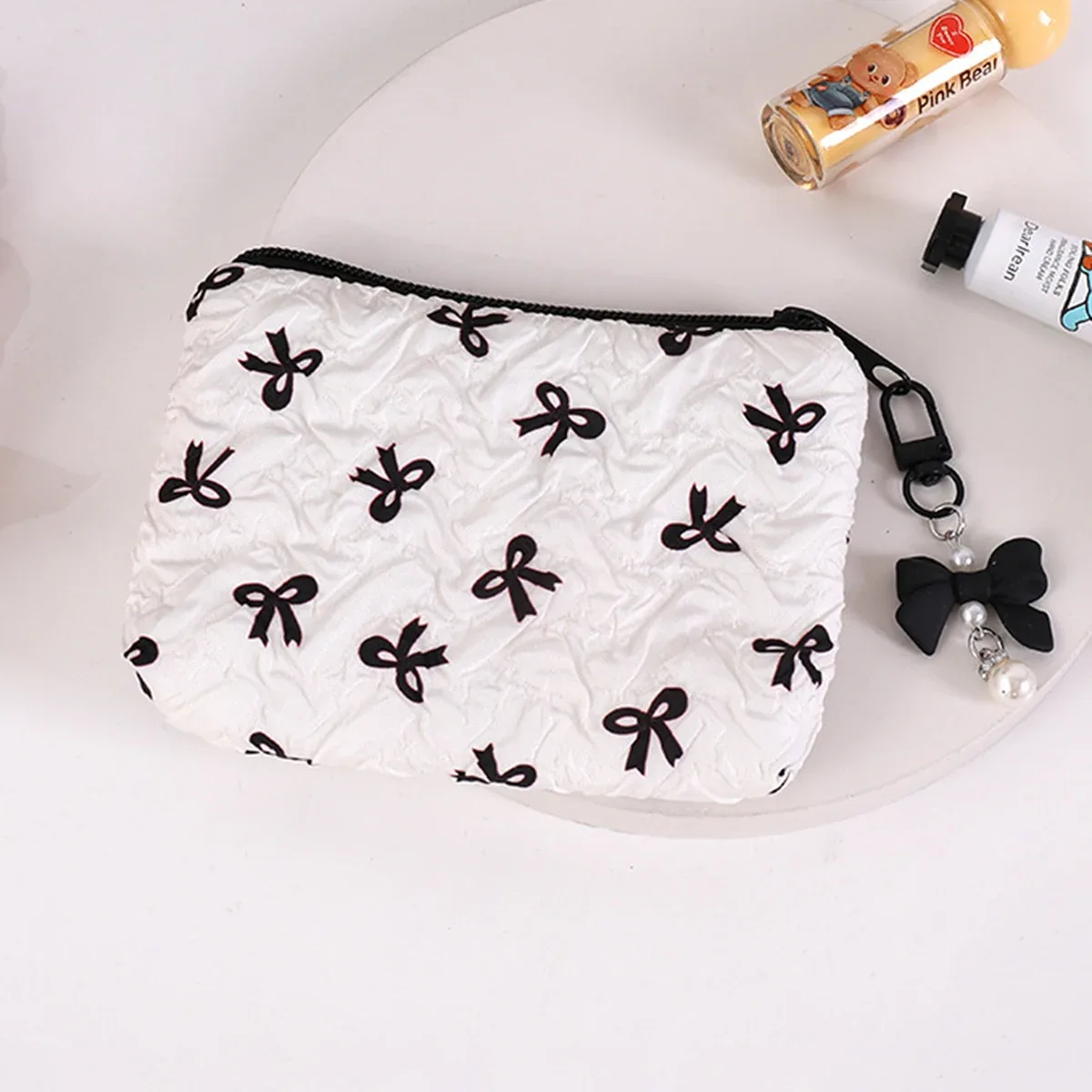 pochette cosmétique plissée avec nœud | pochette de maquillage en coton pour femmes, matelassée, de voyage, organiseur de maquillage pour filles, petite pochette à nœud portable