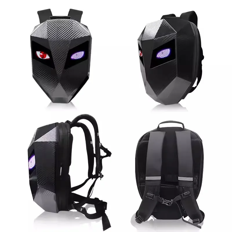 sac à dos de motard led avec yeux lumineux, texture en fibre de carbone, casque, sac à dos de locomotive, sac d'école, sac à dos pour ordinateur portable moto