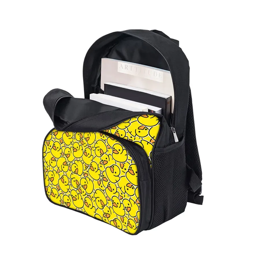 sacs à dos à poche avant ronde à motif de canard jaune pour garçons et filles, meilleurs cadeaux, sac à dos d'école 2d plat de dessin animé pour enfants