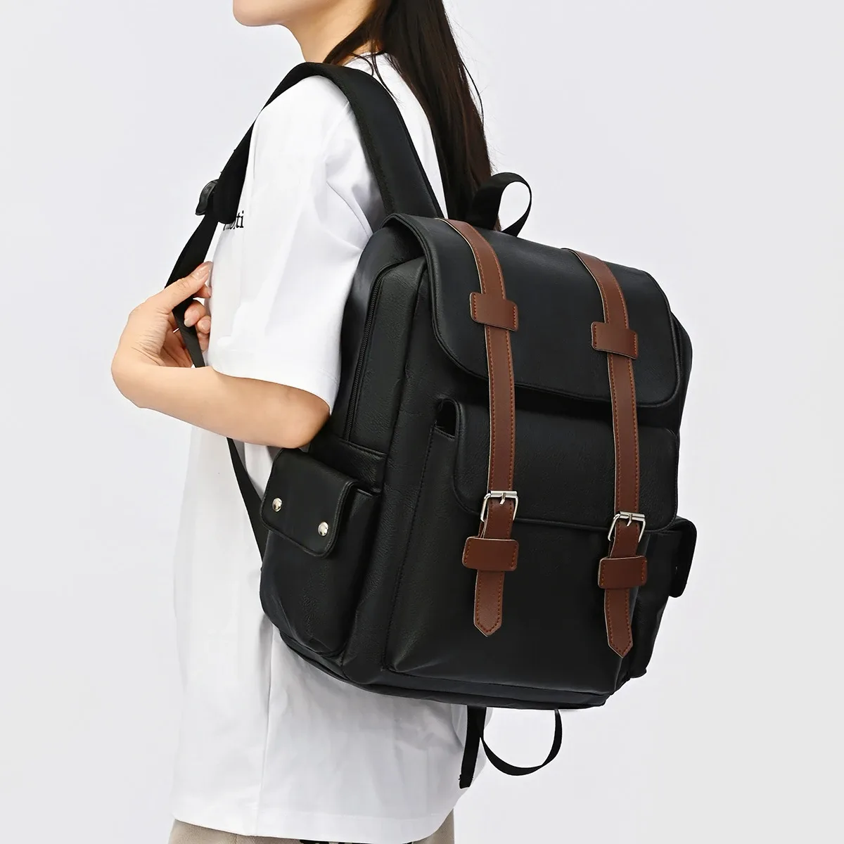 sac à dos rétro en pu style workwear britannique, grande capacité, pour ordinateur portable, idéal pour étudiants, sacs d'école pour couple, sac de voyage pour campus