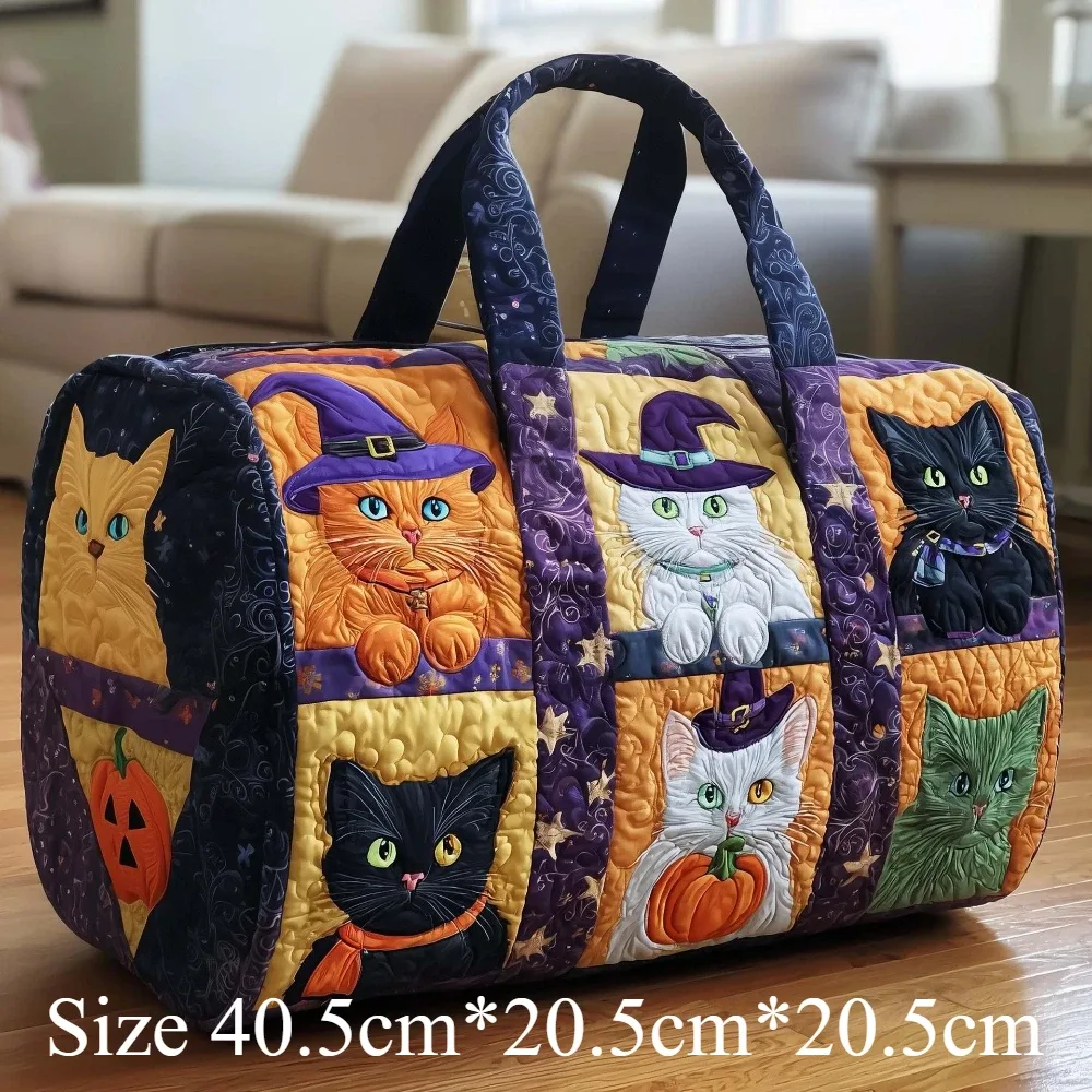 sac fourre-tout matelassé 3d mignon avec motif chat, citrouille d'halloween, feuilles d'automne et fleurs, sac à main de voyage unique, cadeau pour les amoureux des chats, sac à bandoulière