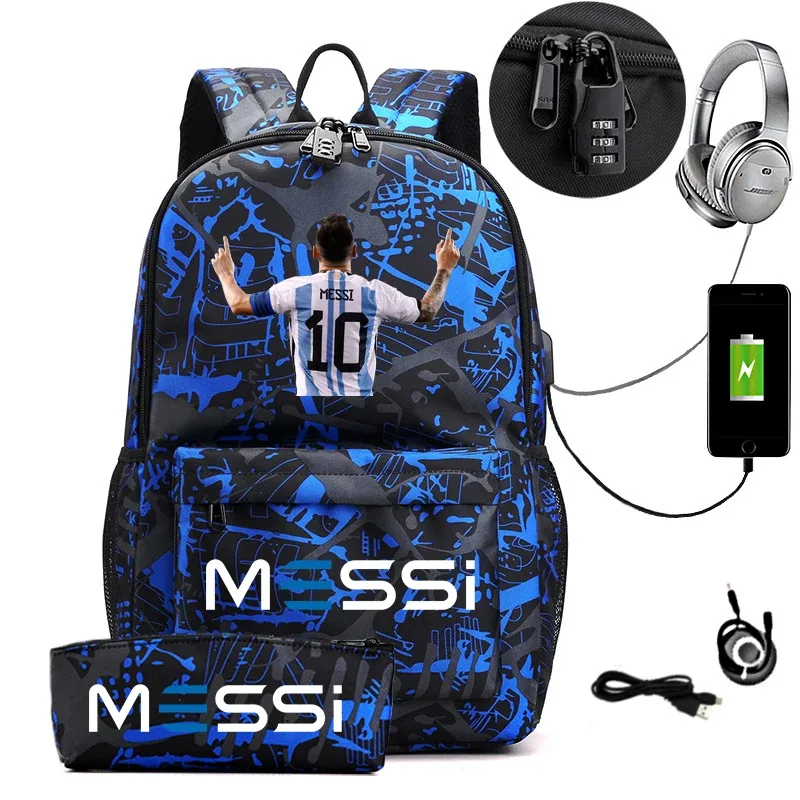 2 pièces messi sac à dos an-ti lock usb femmes hommes capacité adolescents sacs d'école pour ordinateur portable décontracté lycéens mochilas