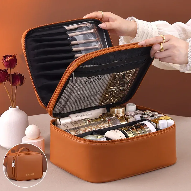grande trousse de maquillage en cuir pu pour femmes, organisateur de cosmétiques à plusieurs compartiments, sac de rangement imperméable pour pinceaux de maquillage.