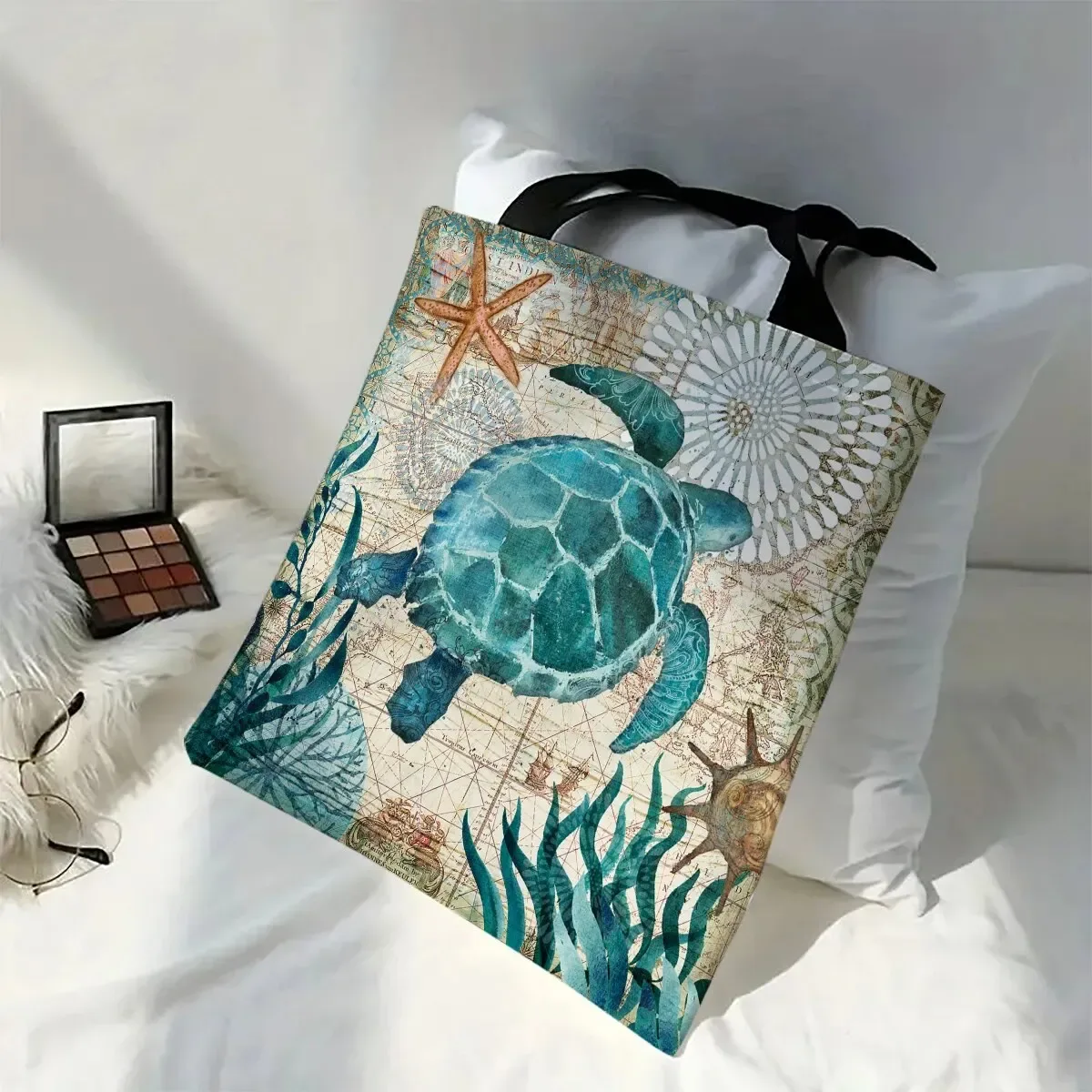 sac fourre-tout de grande capacité imprimé tortue, sacs de voyage initiés, sacs à soupe, sacs à provisions en lin pour femmes avec impression