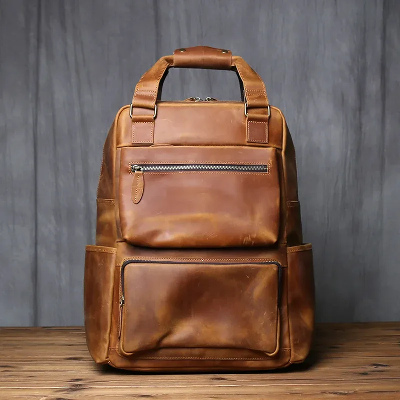 sac à dos rétro en cuir pour hommes, couche supérieure en cuir, grande capacité, sac d'ordinateur, crazy horse, loisirs, voyage, nzpj