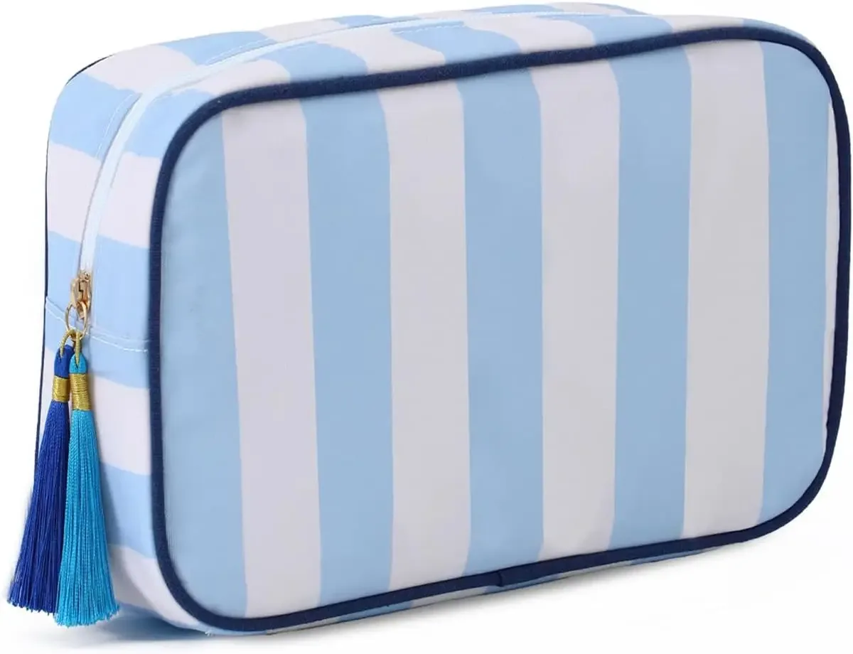 grande trousse de maquillage portable rayée pour femmes, avec fermeture éclair et pompon, grande capacité, sac fourre-tout décontracté avec fermeture éclair