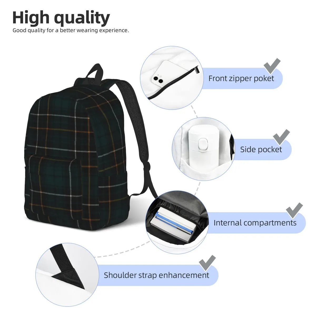 macalpine sac à dos tendance écossais en tartan, durable, pour le lycée, le travail, pour hommes et femmes, sac à bandoulière pour ordinateur portable