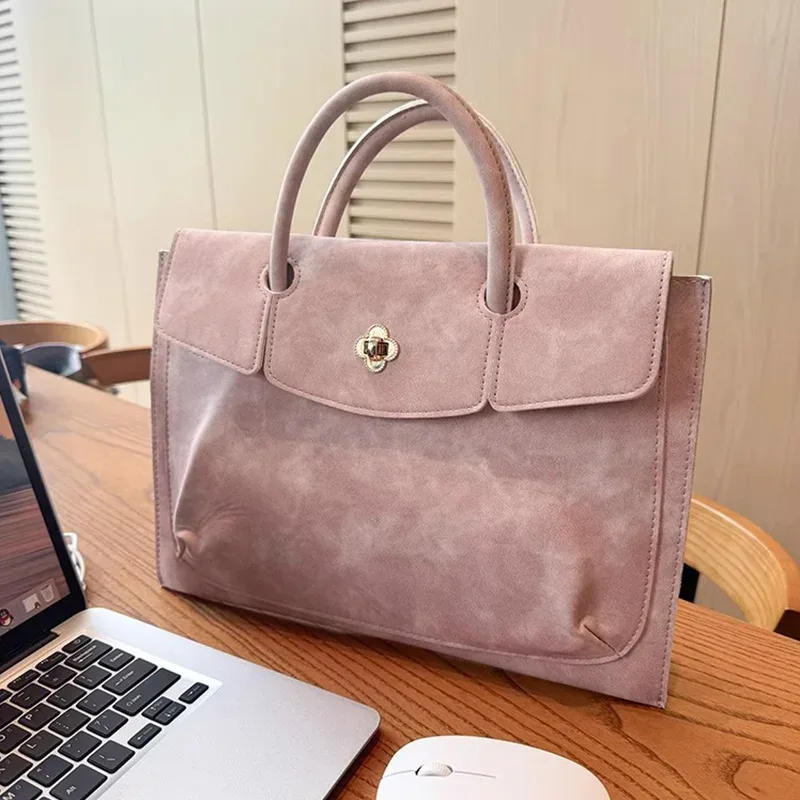 sac fourre-tout élégant en cuir pu rose pour ordinateur portable, sac à main de travail à poignée supérieure avec fermoir floral pour femme, usage quotidien au bureau