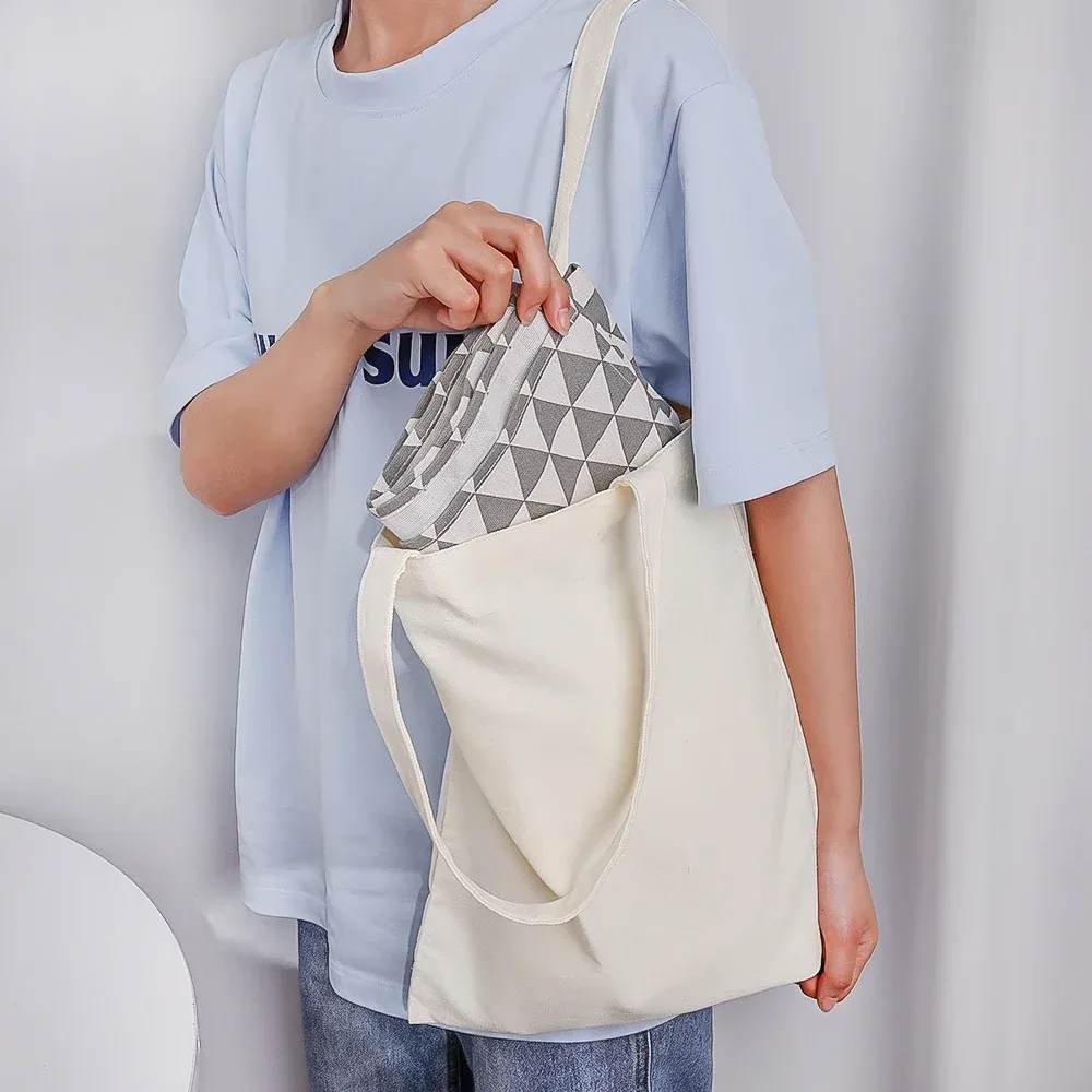 sac à bandoulière en toile grande capacité, pliable, écologique, en coton, réutilisable, pour peinture diy, sac d'épicerie, beige