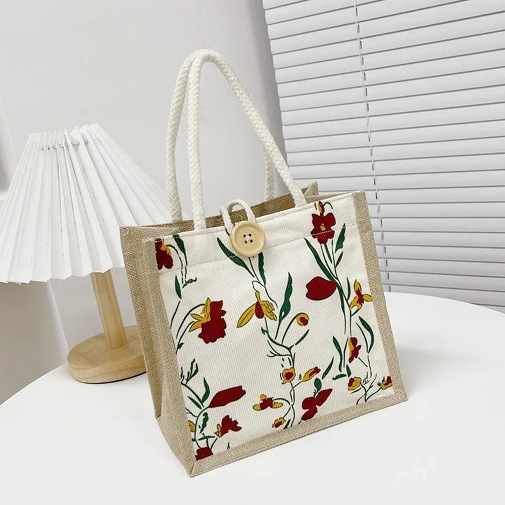sac fourre-tout en lin avec fermoir à bouton, sac à lunch en poudre, sac fourre-tout, sac à main à bento, impression de fleurs mignonnes, sac à bento alimentaire pour pique-nique