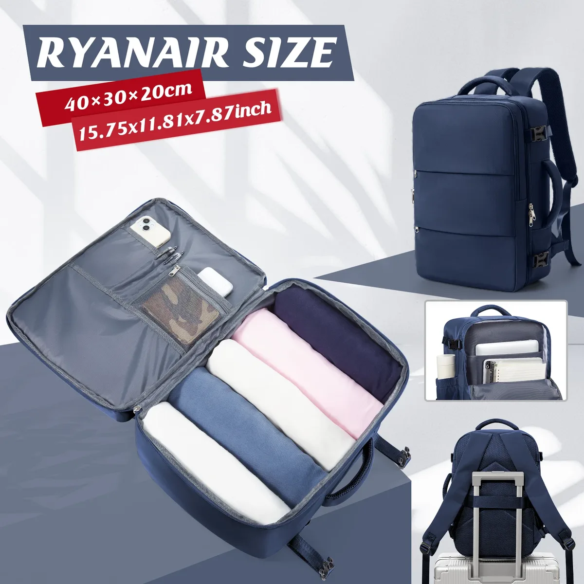 ryanair sac de cabine d'avion 40x30x20 sac à dos de voyage, bagages à main sacs de voyage sac pour ordinateur portable d'affaires femmes hommes sac à dos sac de travail