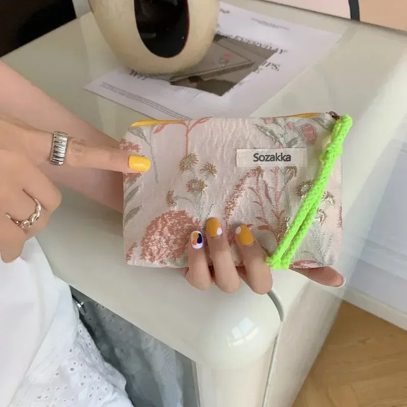 petite trousse de maquillage cosmétique pour femmes et filles, mini sacs à fleurs en coton, trousse de maquillage rouge à lèvres, sac à main pour enfants, trousse à poudres à monnaie
