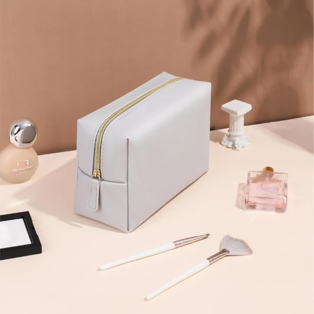 trousse de maquillage de grande capacité pour femmes, organisateur de cosmétiques en cuir pu, trousse de toilette de voyage étanche avec sangle à main pour dames