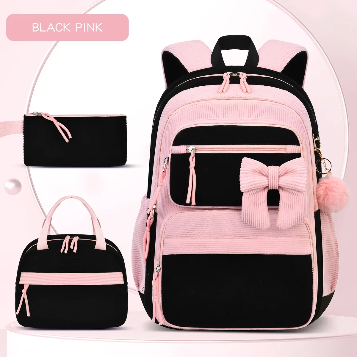ensemble de 3 pièces : sac à dos scolaire pour filles motif cerise, sac à dos en velours côtelé pour écolière, sac à livres pour enfants, sac à déjeuner et trousse à crayons.