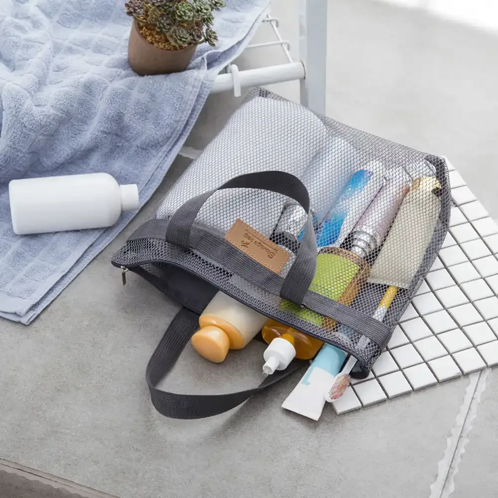 grande trousse de toilette portable en maille avec poignées durables et fermeture éclair pour voyage, plage, natation et rangement