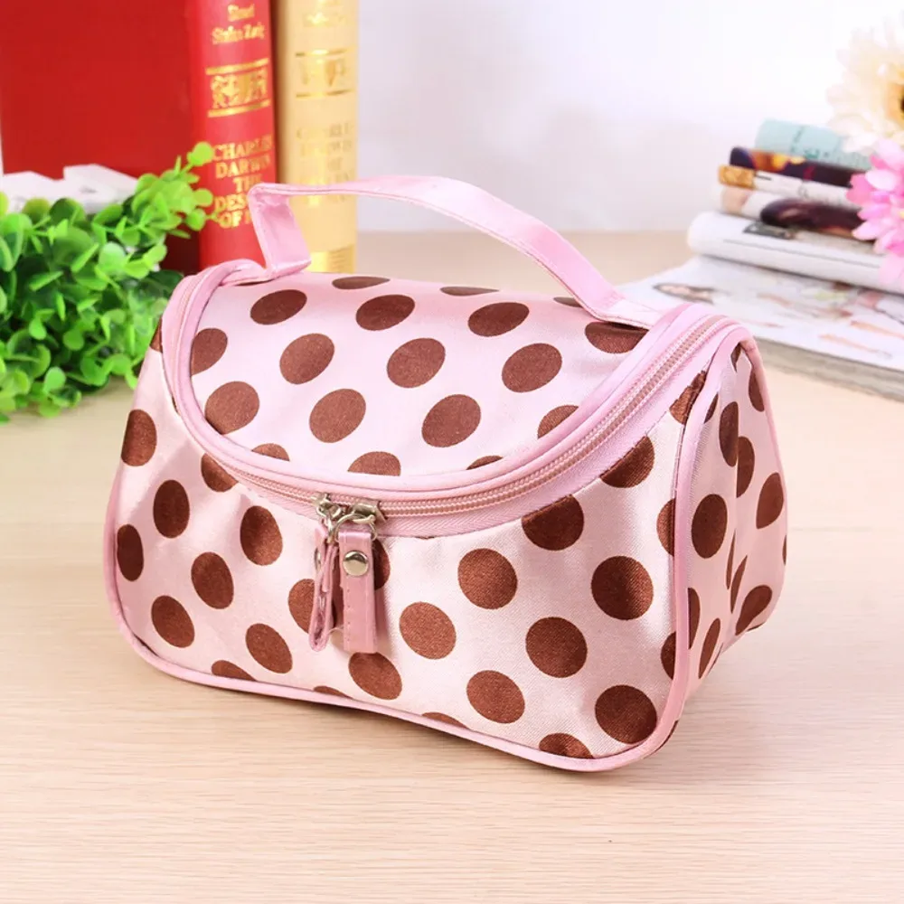 sac de maquillage portable à pois, style coréen, trousse de toilette de voyage grande capacité, sac de rangement cosmétique à rabat