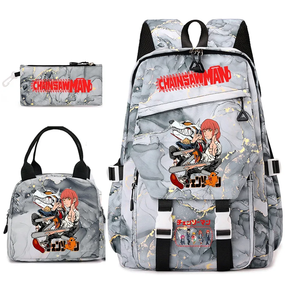 ensemble de sacs à dos pour étudiantes avec imprimé chainsaw man anime, pour filles, avec sac à lunch et trousse à crayons, pour une utilisation quotidienne à l'école