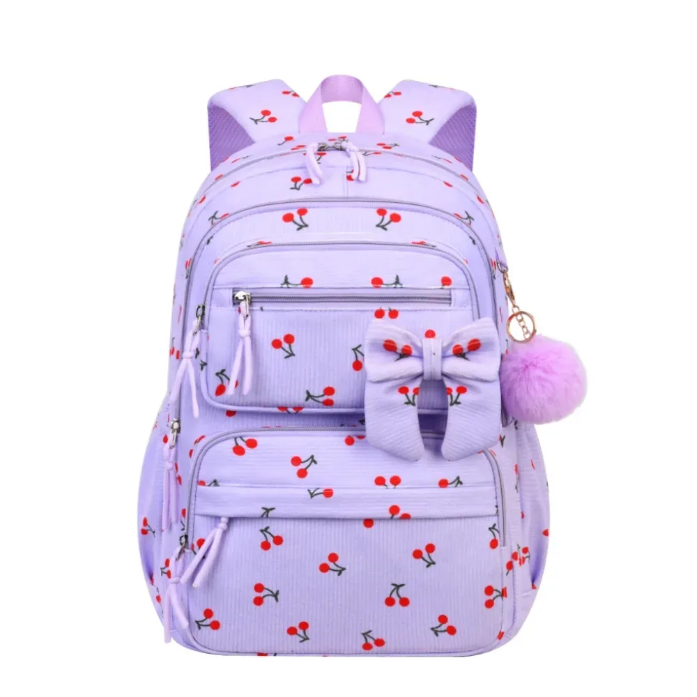 ensemble de 3 pièces : sac à dos scolaire pour filles motif cerise, sac à dos en velours côtelé pour écolière, sac à livres pour enfants, sac à déjeuner et trousse à crayons.
