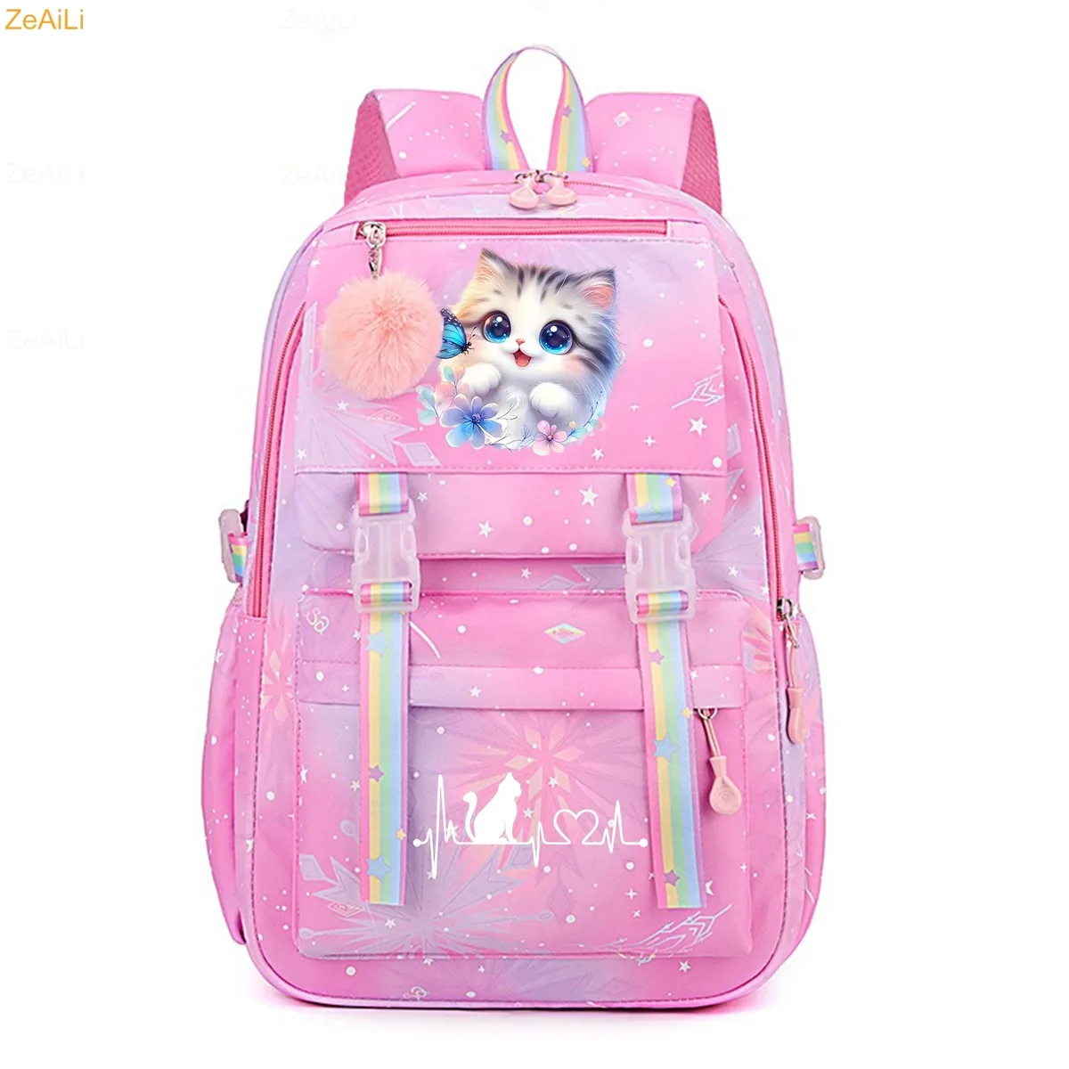 sac à dos pour femme, enfant, adolescent, motif chat noir mignon, fleur et papillon, idéal pour l'école