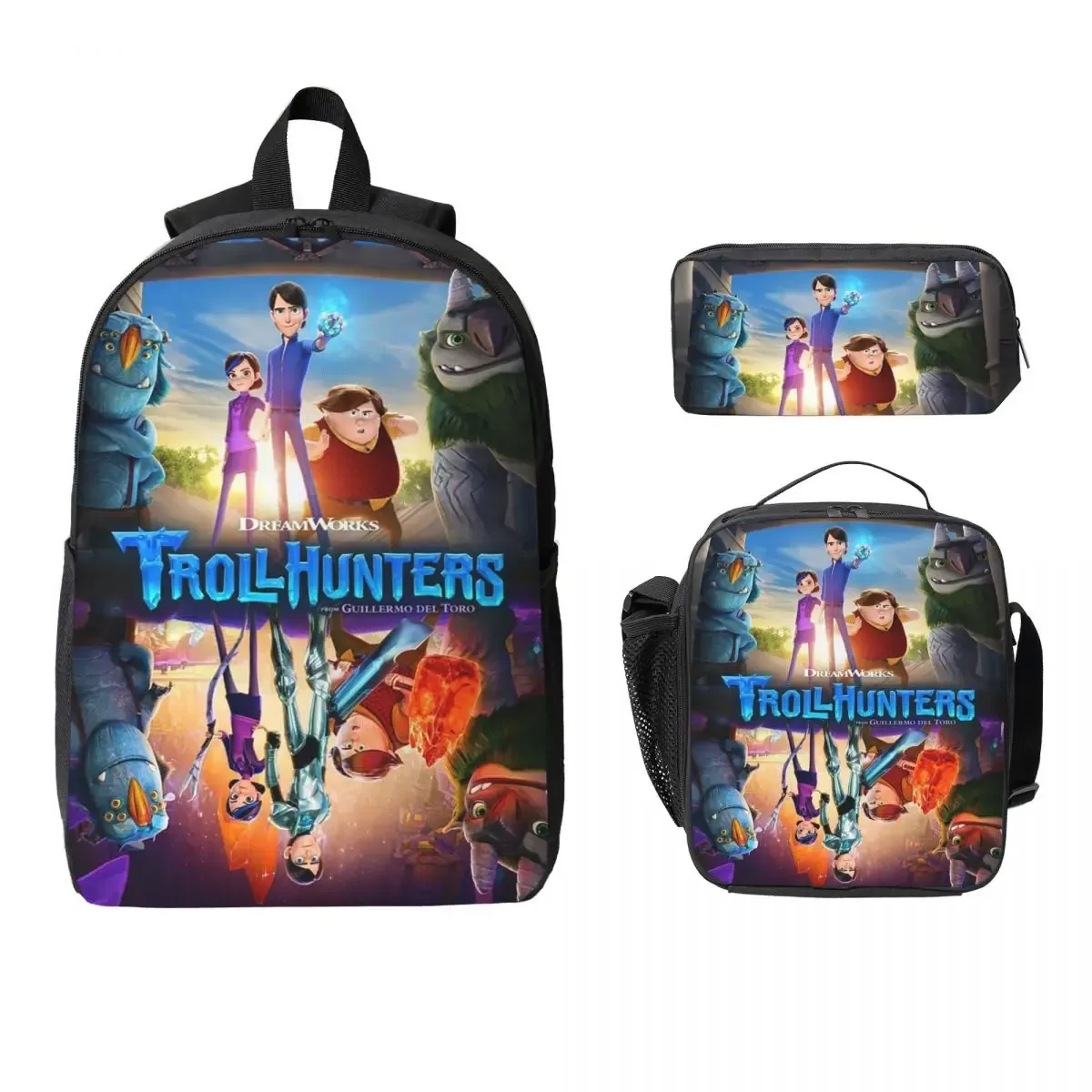 dessin animé trollhunters sac à dos étudiant garçons filles bookbag sac d'école ordinateur sacs à bandoulière 3ps sac à déjeuner isolé trousse à crayons