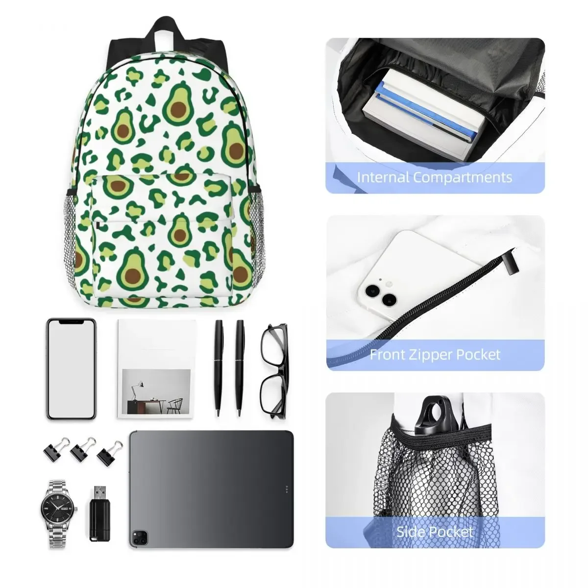 sac à dos à motif léopard avocat vert pour hommes et femmes, cartable pour étudiants, convient aux sacs pour ordinateur portable 15 pouces