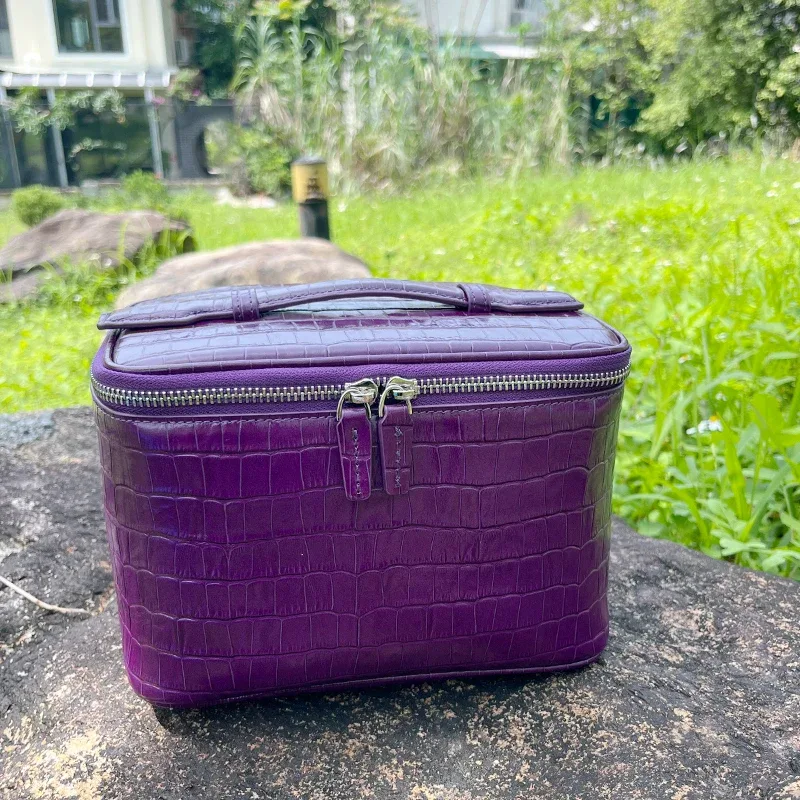 sac de maquillage en cuir de vache à motif crocodile, sac à cosmétiques pour femmes, sac de voyage portable, sac de rangement pratique de grande capacité