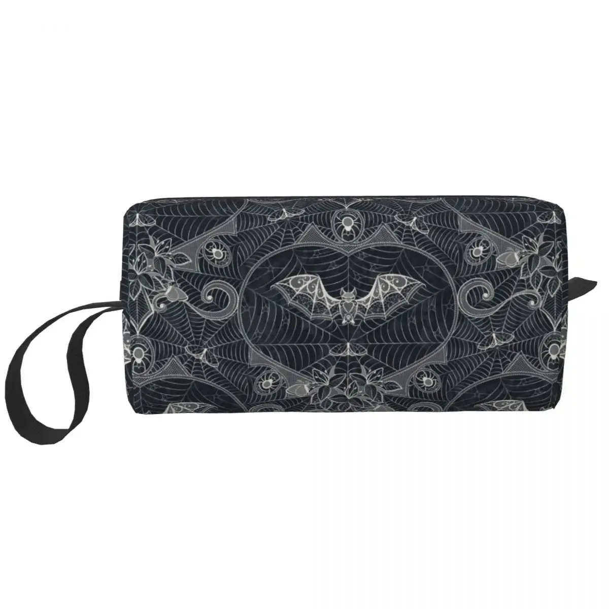 trousse de toilette personnalisée pour femme, chauves-souris enchantées en gris clair sur noir, trousse de maquillage de sorcière occulte gothique, trousse de rangement de beauté dopp
