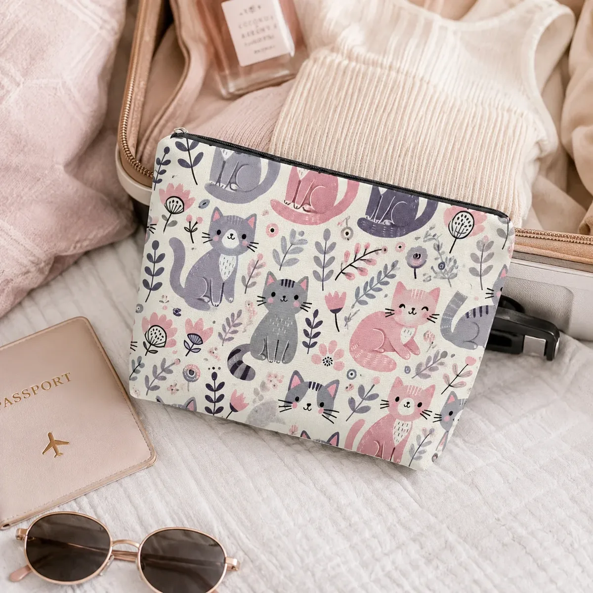 trousse de maquillage florale mignonne en toile imprimée chaton de dessin animé, pochette zippée portable de voyage pour amoureux des chats