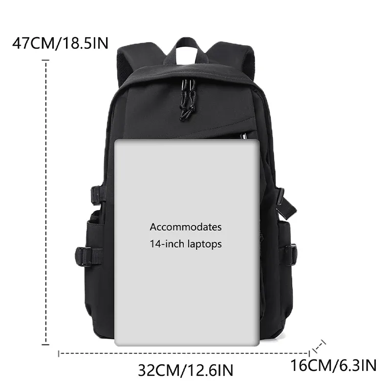 sac à dos simple pour homme en polyester imperméable de 15 pouces, couleur unie, tendance, pour couple, étudiant, ordinateur portable