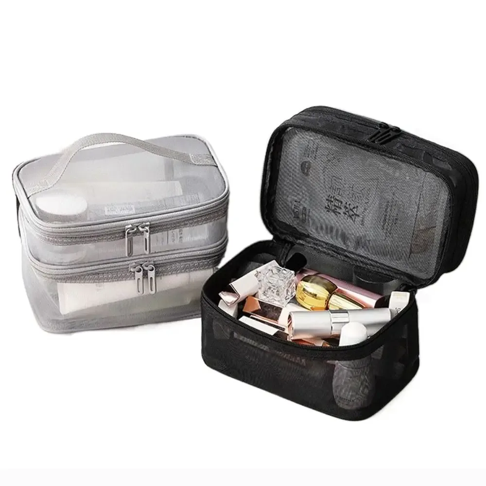 sac de voyage portable en maille transparente à 2/3 couches, grande capacité, trousse de toilette, trousse de maquillage à 2/3 couches, organisation des articles de toilette
