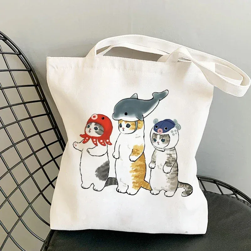femme sacs à provisions kawaii dessin animé chats amusant sac fourre-tout shopper organisateur décontracté déjeuner sacs à main grande capacité toile sacs à bandoulière