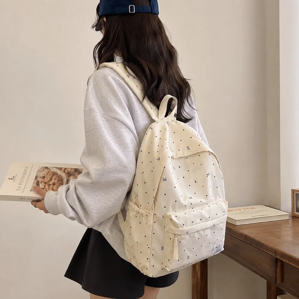 sac à dos tendance léger à pois, décontracté, respirant, pour étudiants, durable, avec nœud, grande capacité, pour filles