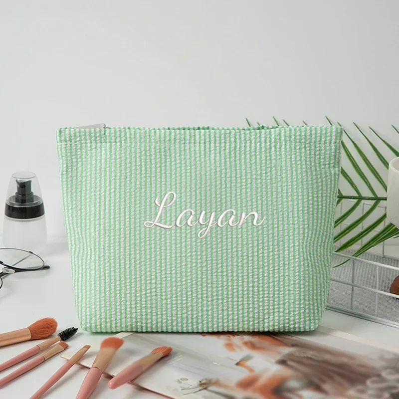 sac de maquillage rayé en gaze bulle, personnalisable avec broderie ou style standard (2 options), pochette de rangement, saison rentrée scolaire