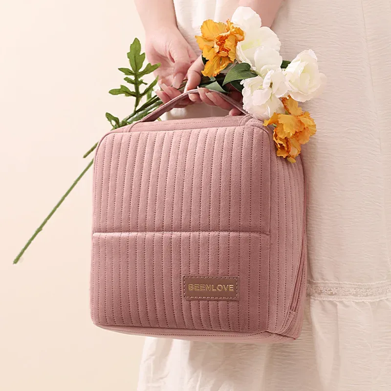 trousse de maquillage verticale, grande capacité, organisateur de cosmétiques portable, trousse de toilette de voyage avec poignée, étui à cosmétiques portable pour femmes