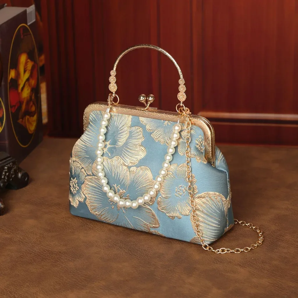 sac bandoulière en polyester, sac de soirée mi-souple, sac fourre-tout perlé, sac à main léger brodé de fleurs pour le voyage et les tenues cheongsam