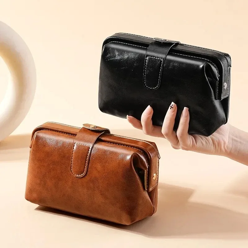 sac à cosmétiques en cuir pu vintage pour femmes et filles, porte-monnaie à boutons de couleur unie, trousse de maquillage étanche de grande capacité