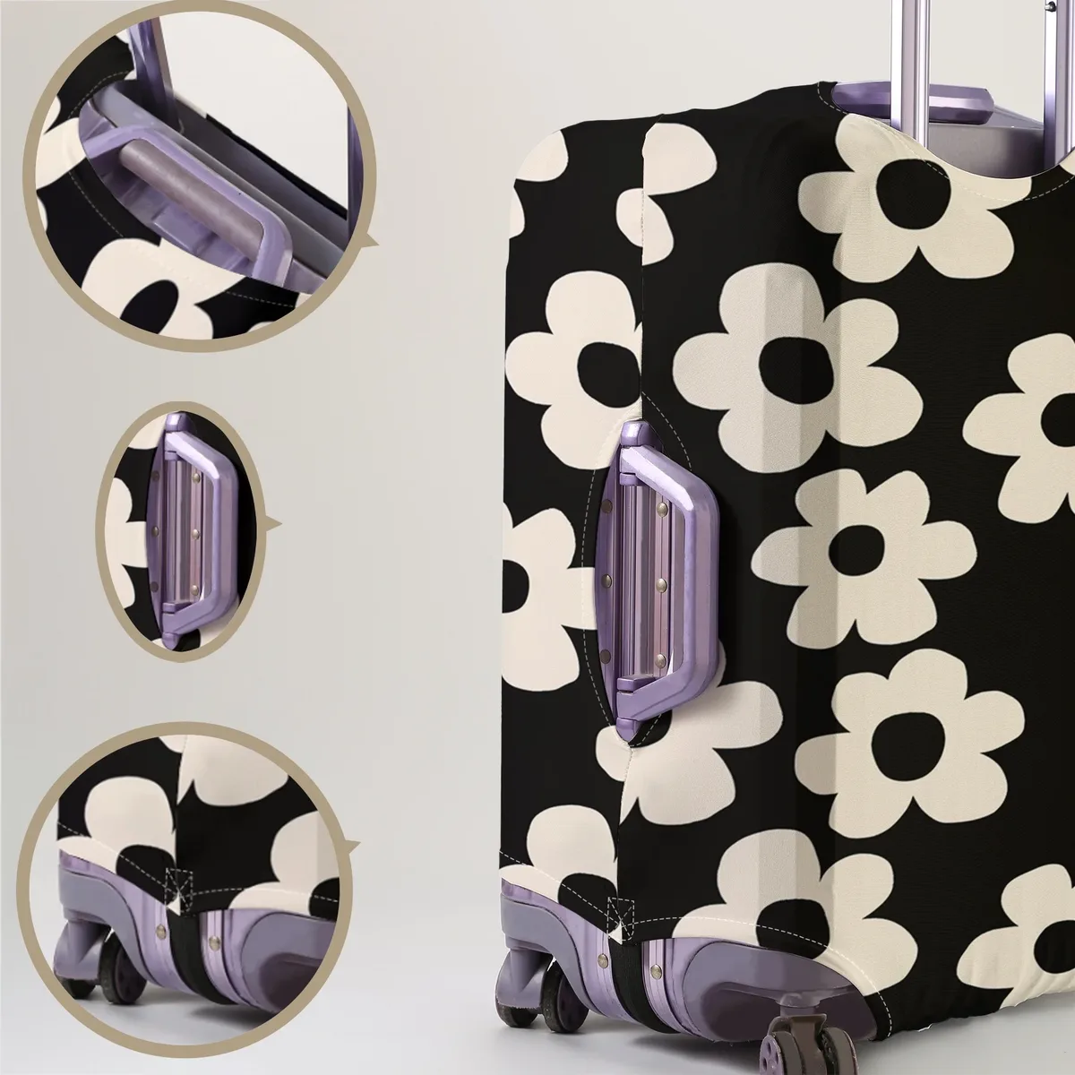 Housse de protection pour bagages à motif floral noir et blanc, convient aux housses de bagages de 18 à 32 pouces, gants pour poignée de bagage, tr