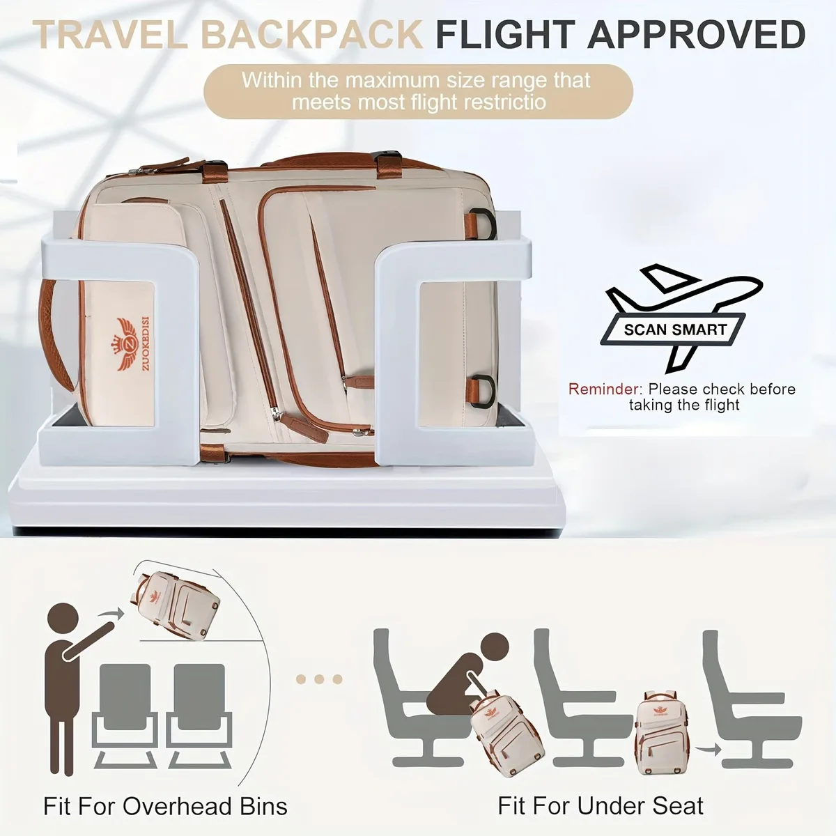 zuokedisi airlines sac à dos de voyage pour ordinateur portable de 15,6 pouces approuvé avec boîte à chaussures et sangle à bagages, sac à dos de randonnée