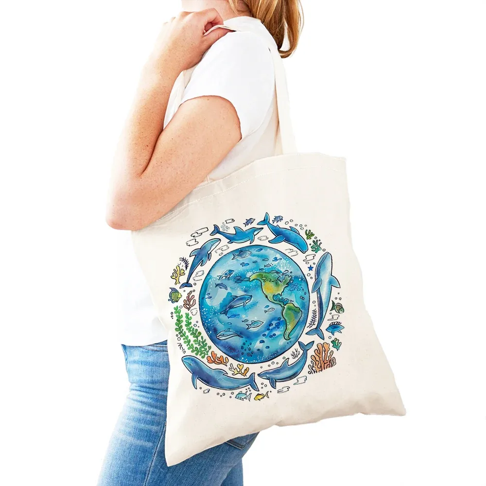 sac fourre-tout léger pour femme, motif baleine, dauphin, monde marin, sac de shopping pour fille, sac à main double impression monde des requins, sacs de shopping pour femme