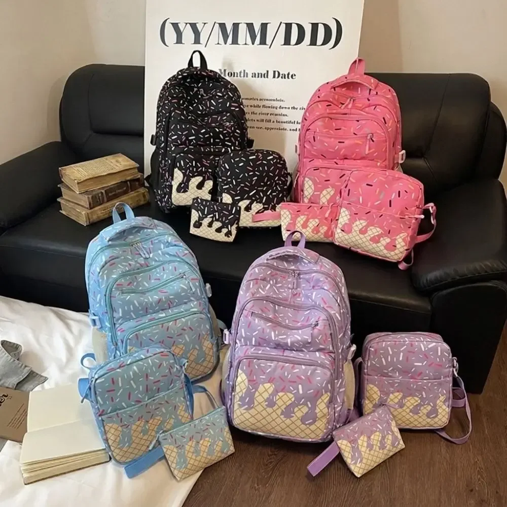 ensemble de sacs à dos en tissu oxford imprimé crème glacée avec trousse à crayons, sac à dos de grande capacité assorti à un sac bandoulière et un sac fourre-tout.