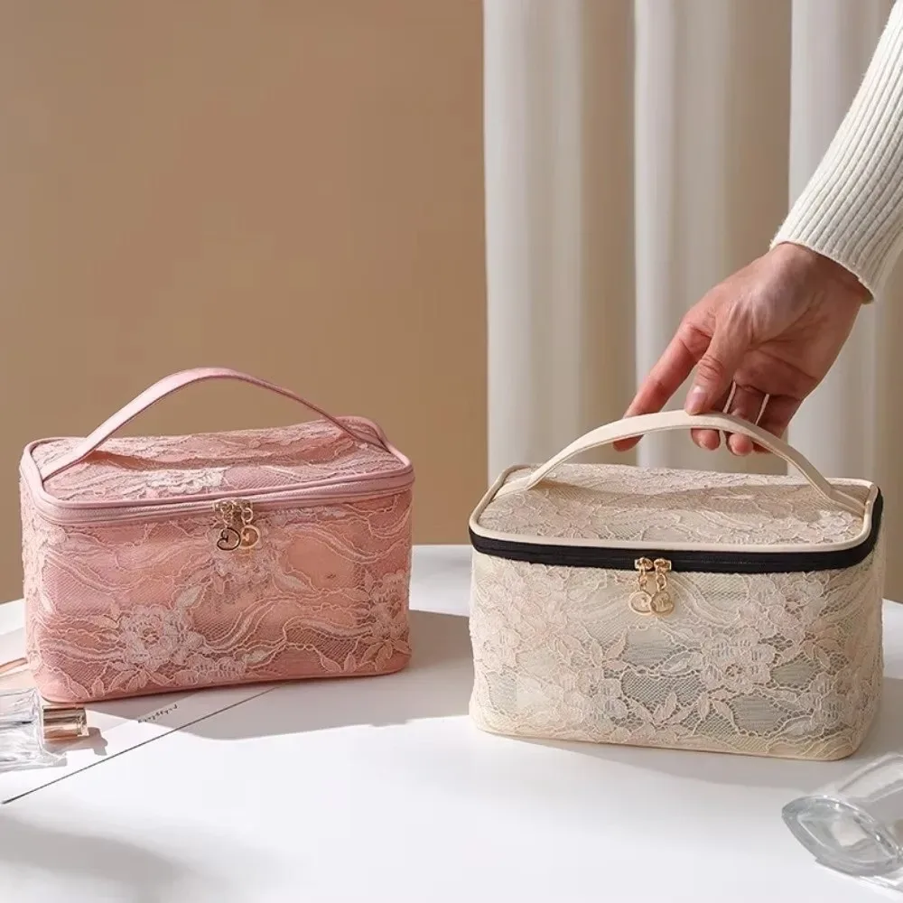 pochette de rangement en dentelle de couleur unie, sac de maquillage de grande capacité avec poignée, sac de rangement pour cosmétiques, trousse de toilette florale respirante pour femmes