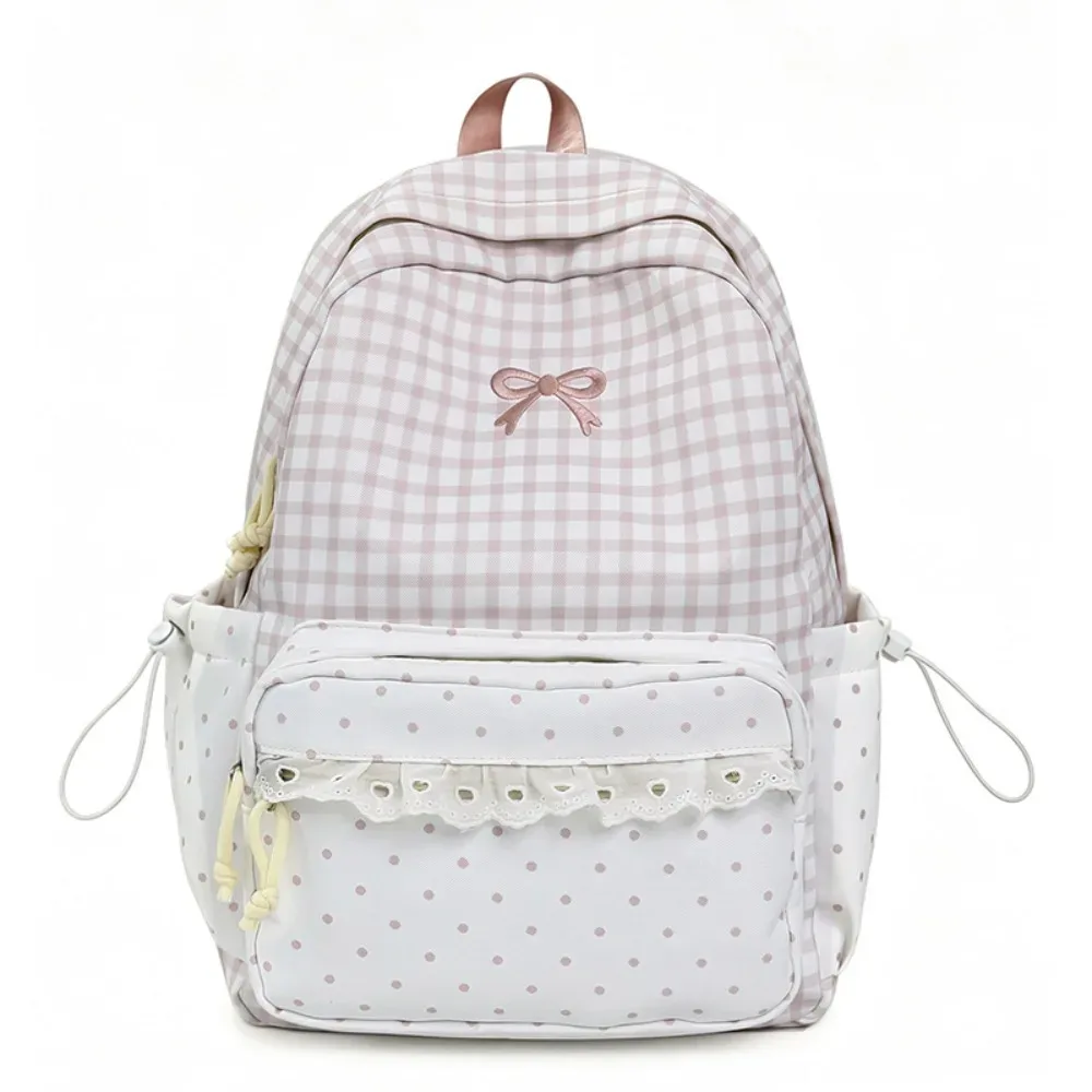 sac à dos mignon à pois avec nœud, design minimaliste, grande capacité, garniture en dentelle, pour les trajets quotidiens